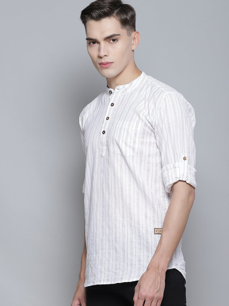 Men White Striped Comfort Slim Fit Opaque Cotton Kurta