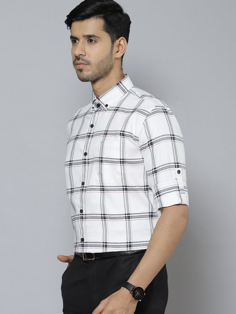 Men White  Black Smart Slim Fit Checked Cotton Formal Shirt