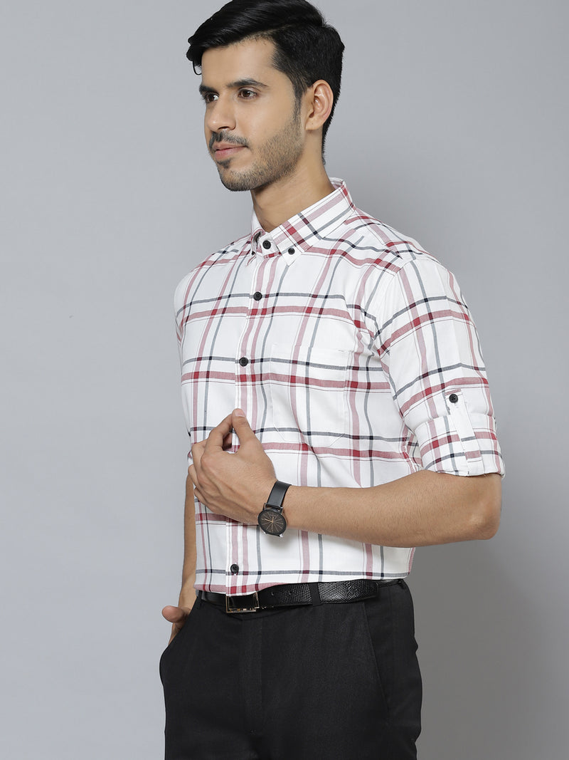 DENNISON Men White  Red Smart Slim Fit Checked Formal Shirt
