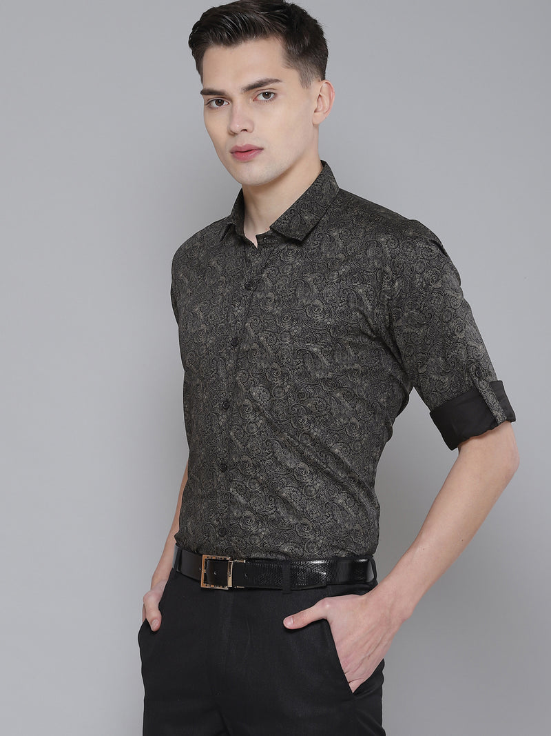 DENNISON Men Black Smart Slim Fit Printed Formal Shirt