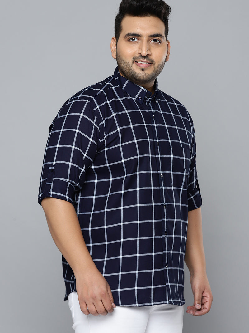 Men Navy Blue Smart Slim Fit Opaque Checked Formal Shirt