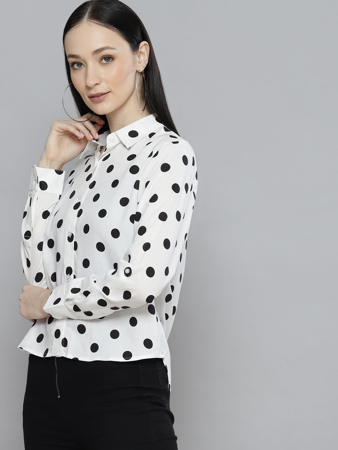 DENNISON Women White & Black Smart Polka Dot Printed Casual Shirt