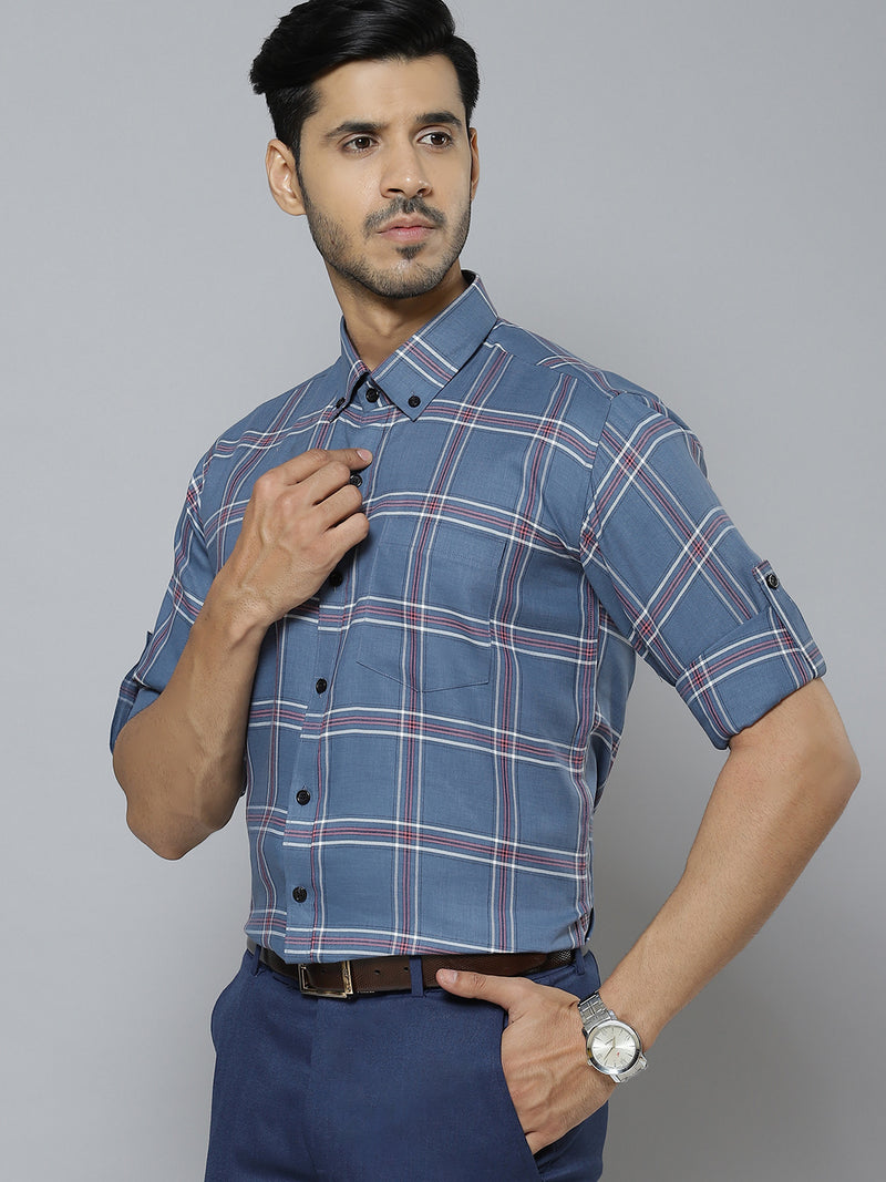 Men Blue  Pink Smart Slim Fit Checked Formal Shirt