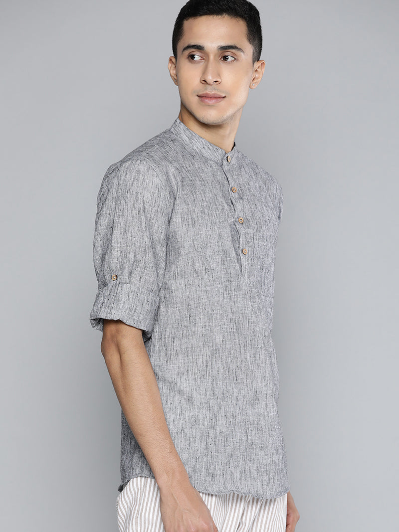 Men Grey Melange Effect Straight Comfort Slim Fit Short Kurta