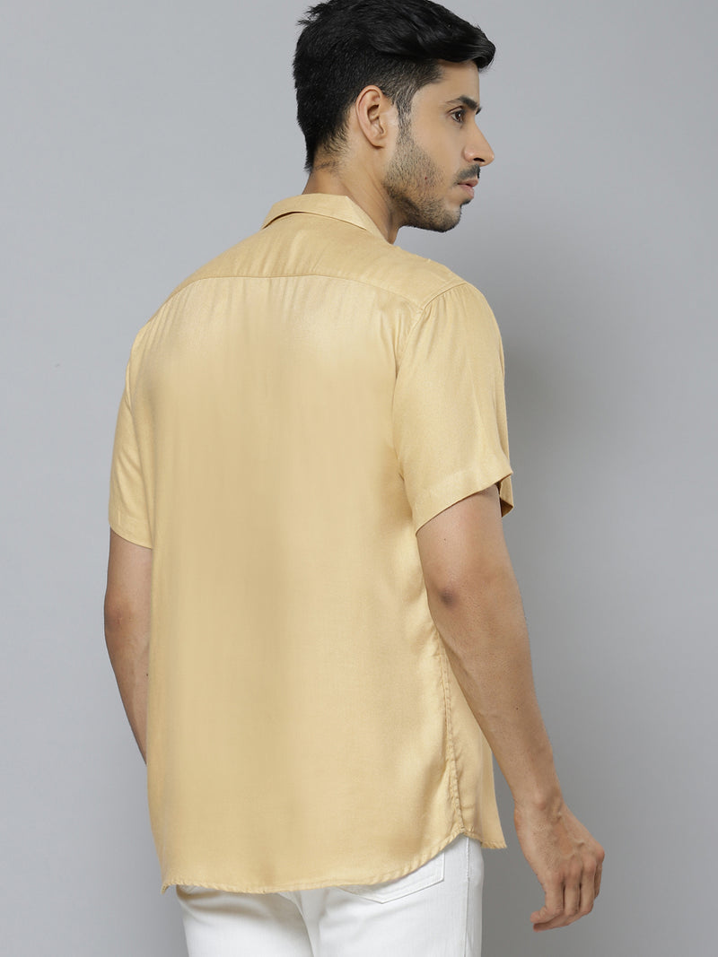 Men Beige Solid Cuban Collar Smart Regular Fit Casual Shirt