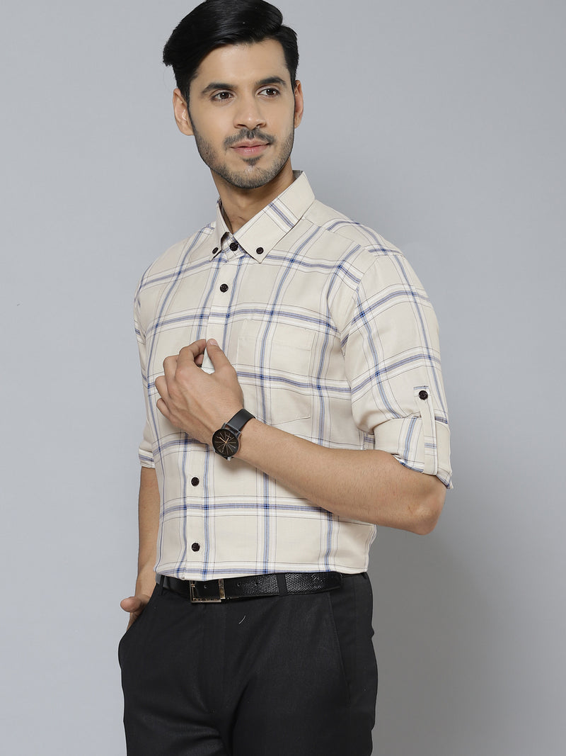 Men Cream-Coloured  Blue Smart Slim Fit Checked Formal Shirt