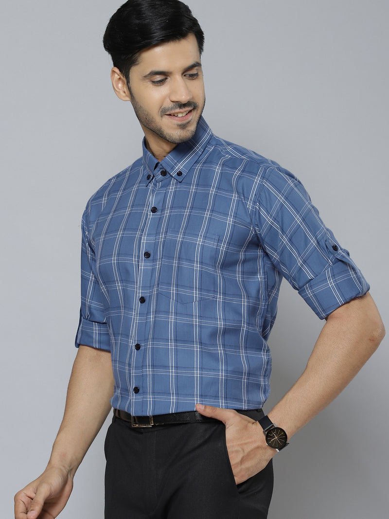 Men Blue  White Pure Cotton Smart Slim Fit Tartan Checks Formal Shirt