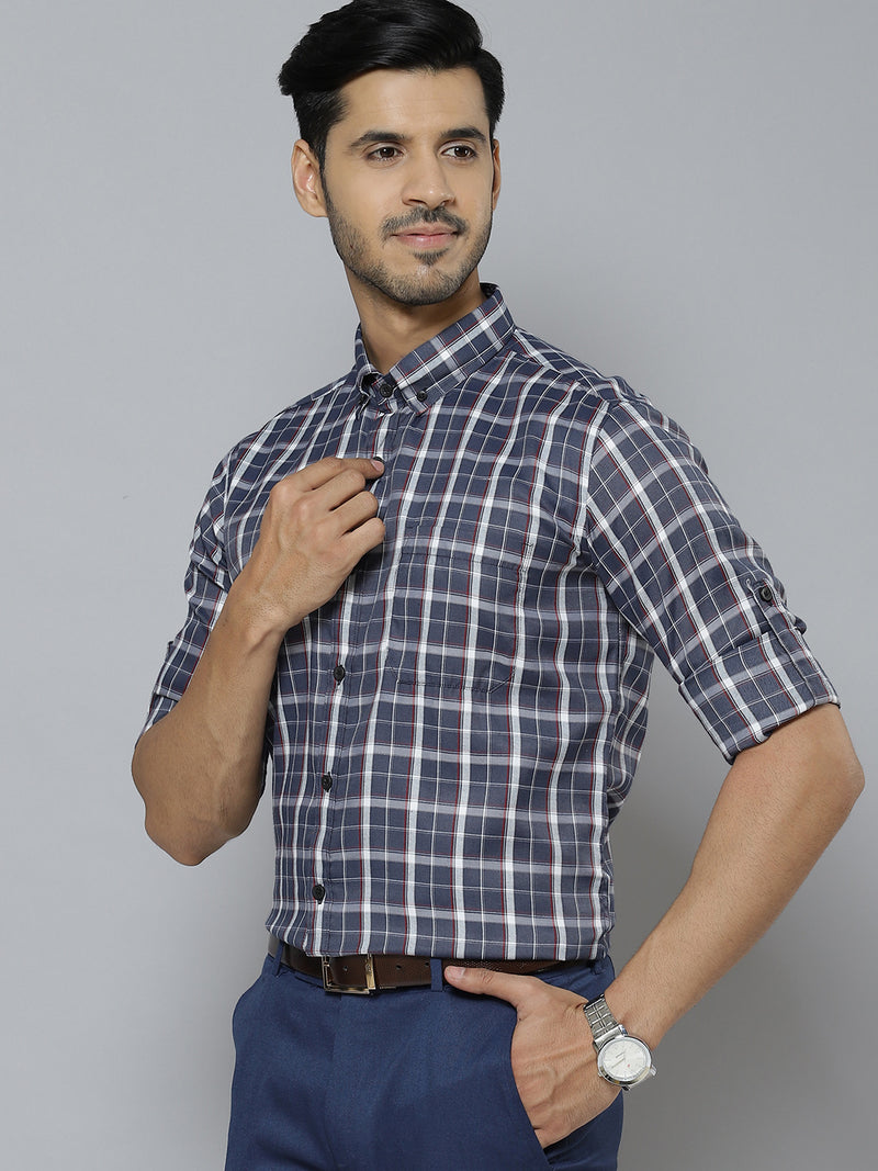 Grey And White: Checked Formal Shirt
