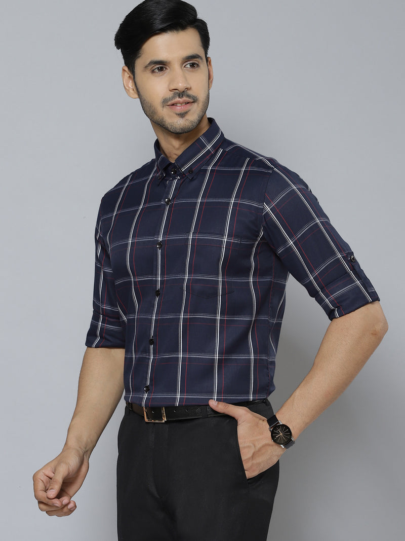Men Navy Blue  White Smart Slim Fit Checked Formal Shirt