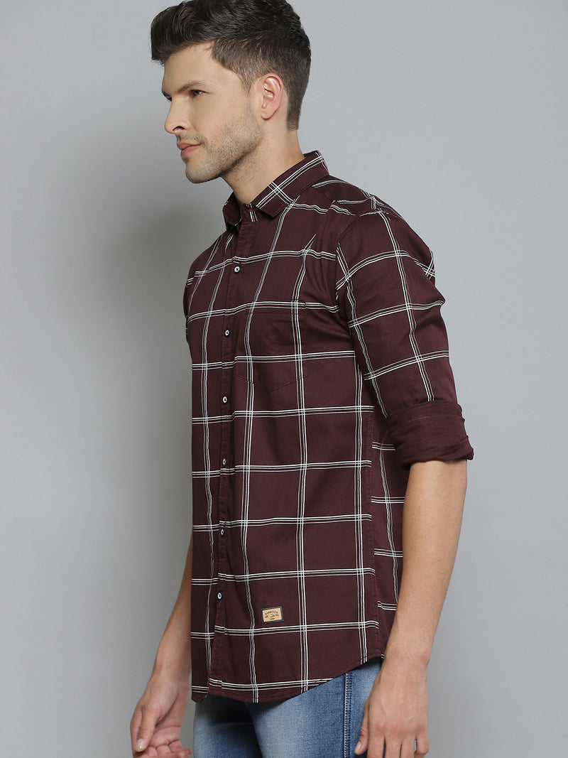 Men Burgundy  White Windowpane Checks Smart Slim Fit Opaque Casual Shirt