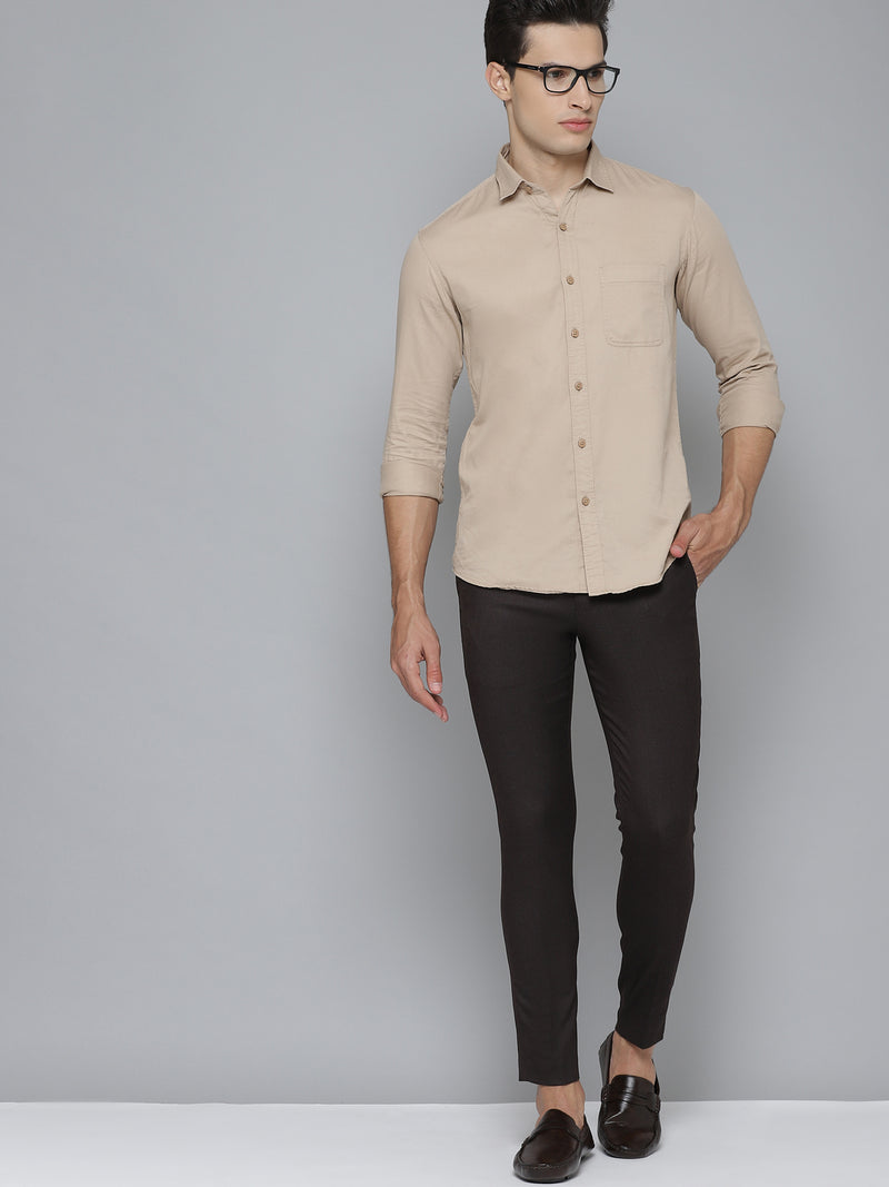 Men Brown Smart Tapered Fit Checked Cropped Trousers