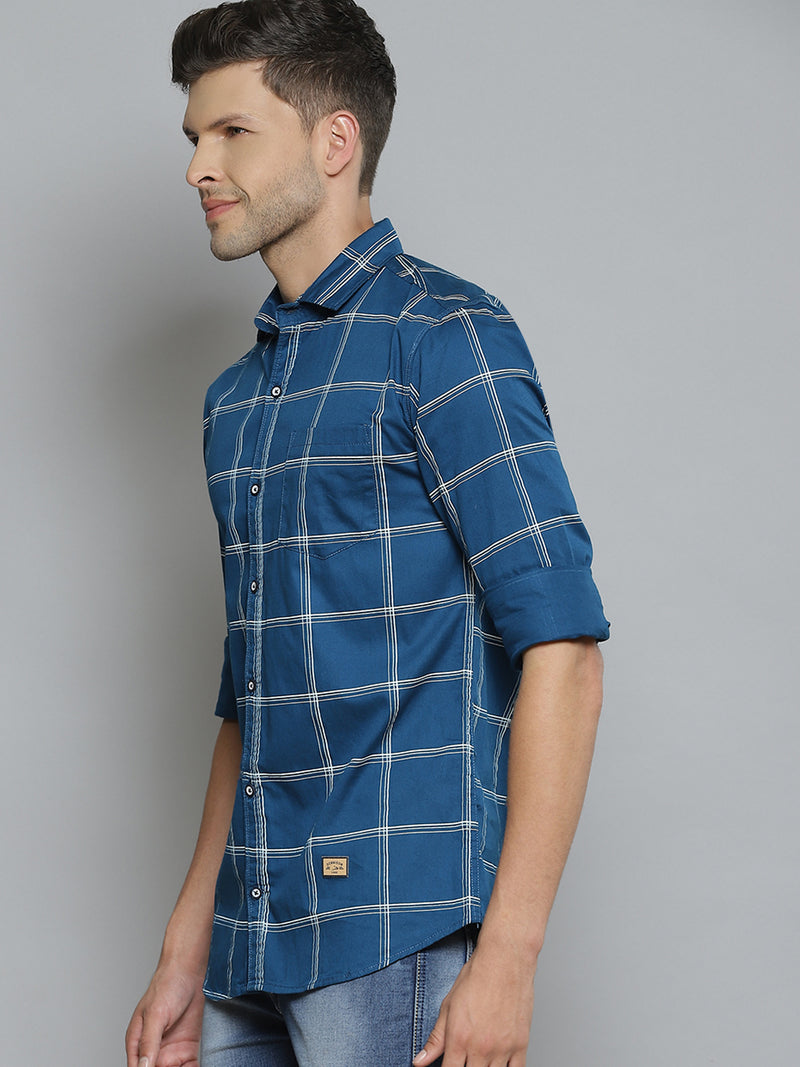 Men Blue Smart Slim Fit Windowpane Checks Opaque Checked Casual Shirt