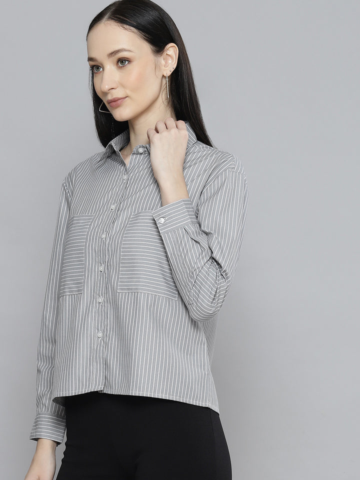 DENNISON Women Grey & White Smart Pinstripes Striped Shirt