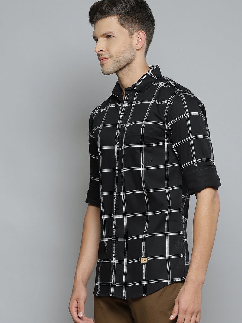 Men Black  White Windowpane Checks Smart Slim Fit Opaque Casual Shirt