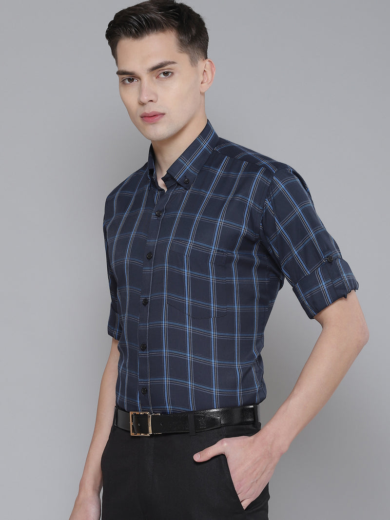 Men Navy Blue Smart Slim Fit Checked Formal Shirt