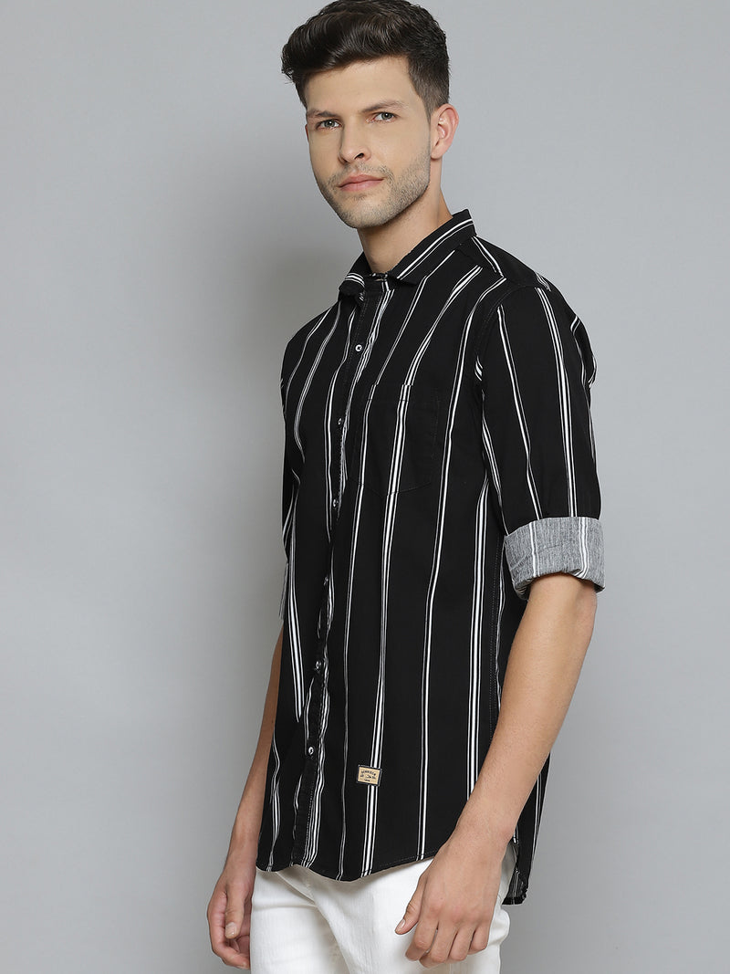 Men Black Smart Slim Fit Opaque Striped Casual Shirt