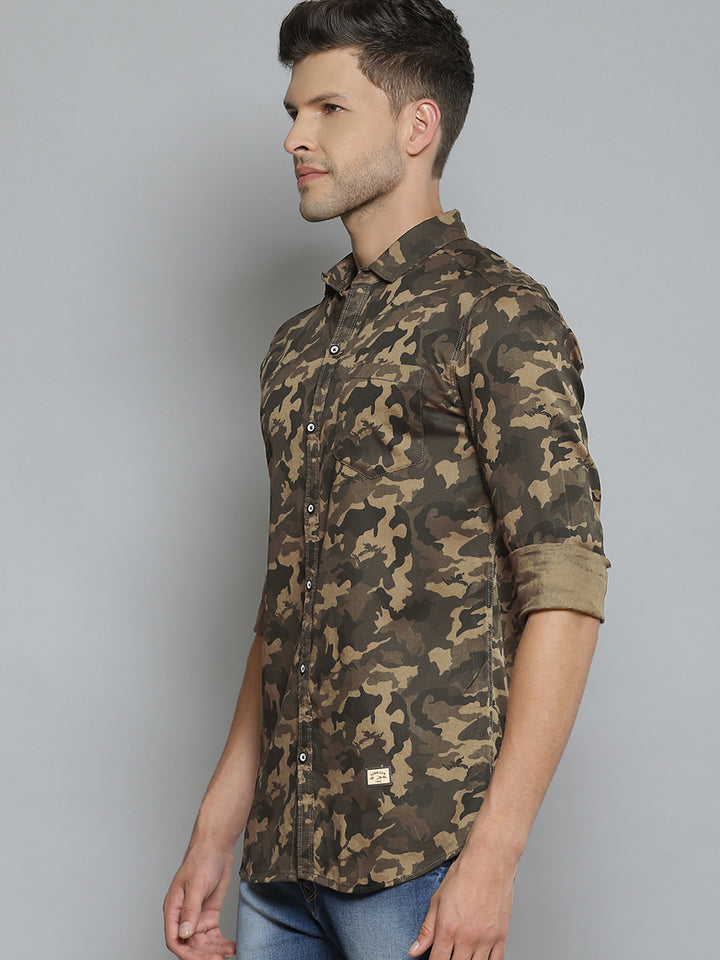 Men Brown  Khaki Camouflage Printed Smart Slim Fit Opaque Casual Shirt