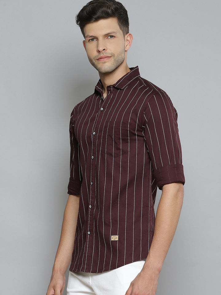 Men Burgundy Smart Slim Fit Pinstripes Opaque Striped Casual Shirt