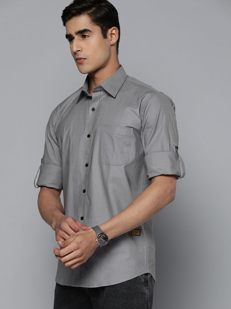 DENNISON Men Grey Solid Pure Cotton Smart Slim Fit Casual Shirt