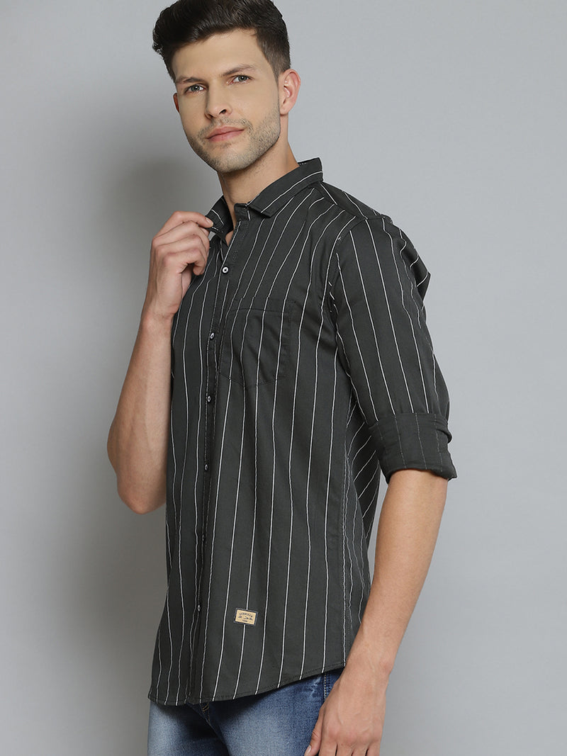 Men Olive Green Smart Slim Fit Pinstripes Opaque Striped Casual Shirt