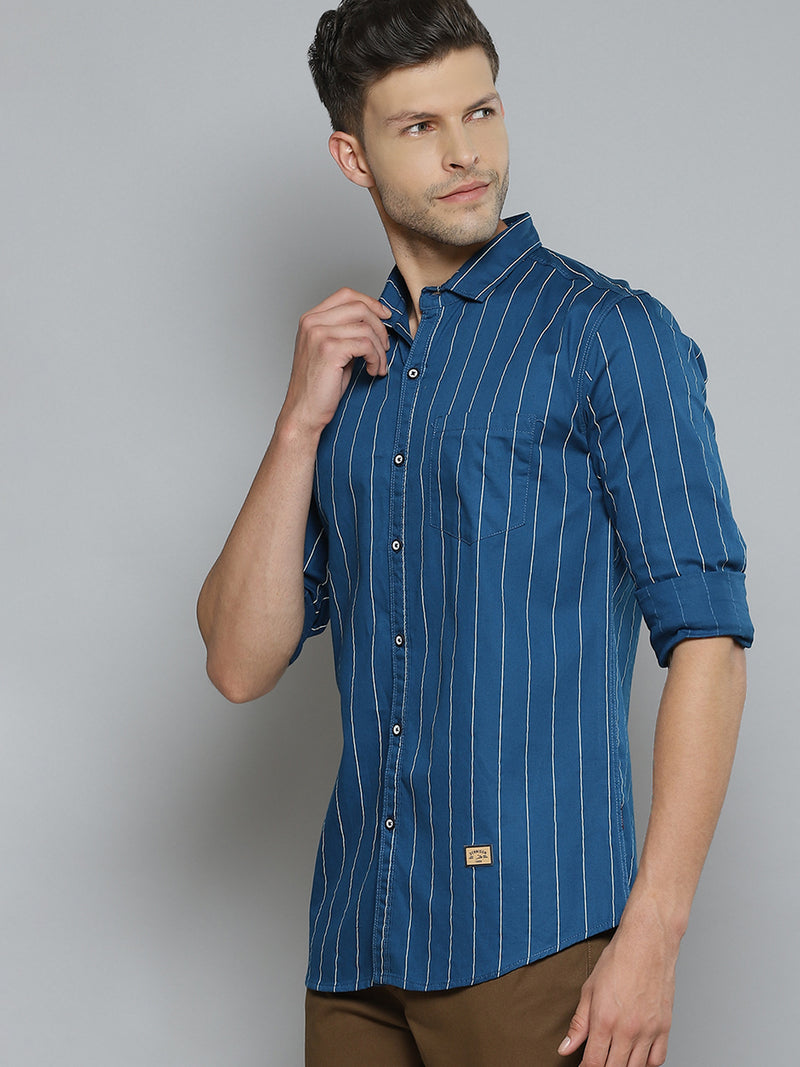 Men Blue Smart Slim Fit Pinstripes Opaque Striped Casual Shirt
