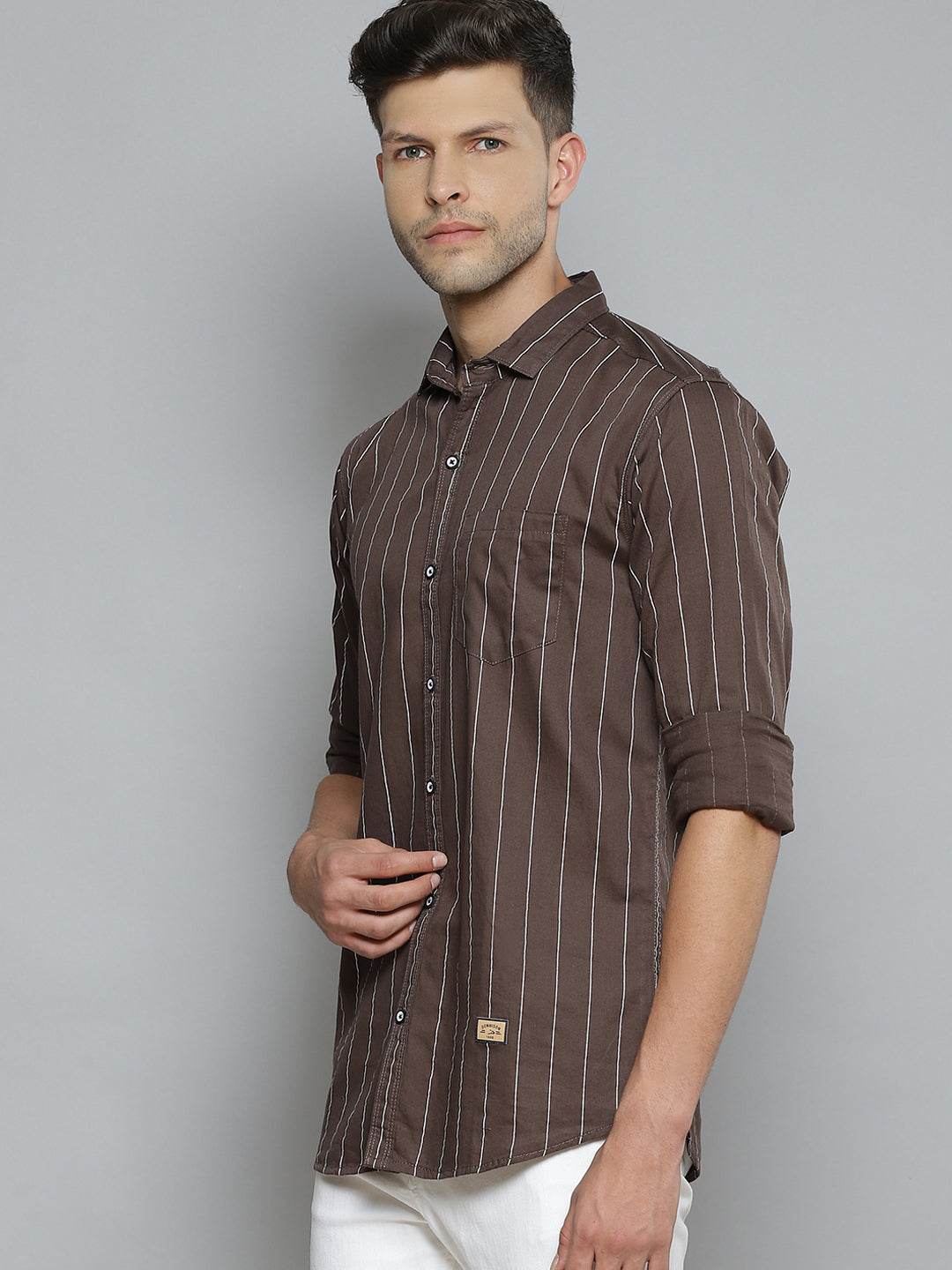 Men Brown  White Striped Smart Slim Fit Opaque Casual Shirt