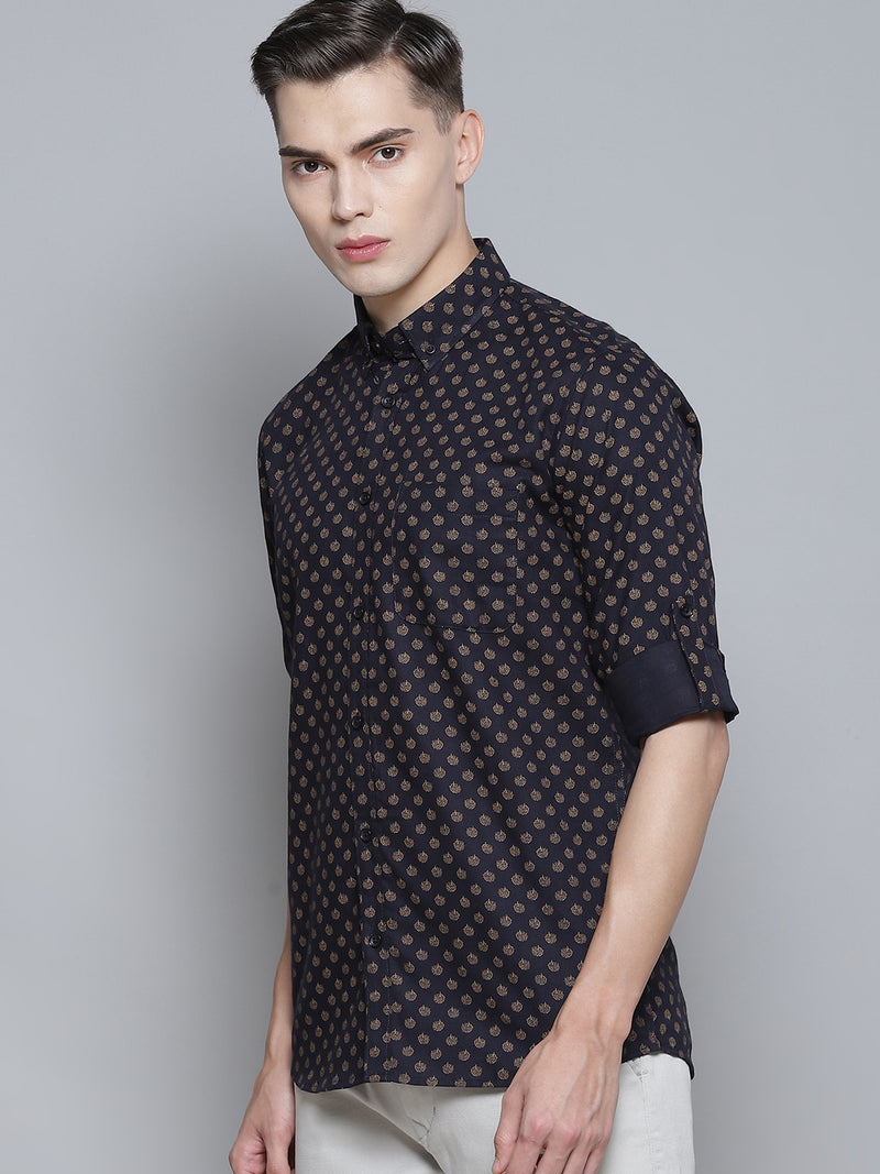 Men Navy Blue Smart Slim Fit Opaque Printed Casual Shirt