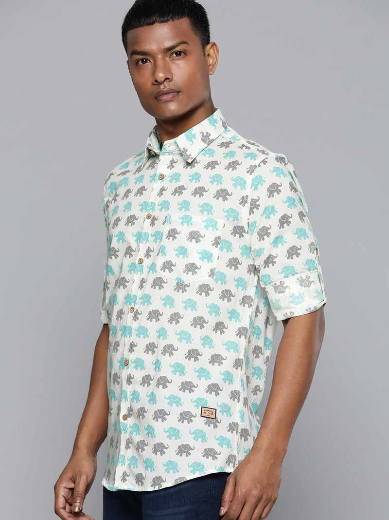 DENNISON Men Cream-Coloured Block Printed Shirt