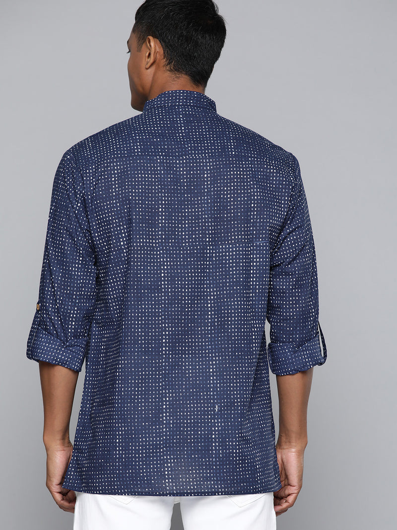 DENNISON Men Navy Blue & White Block Printed Kurta