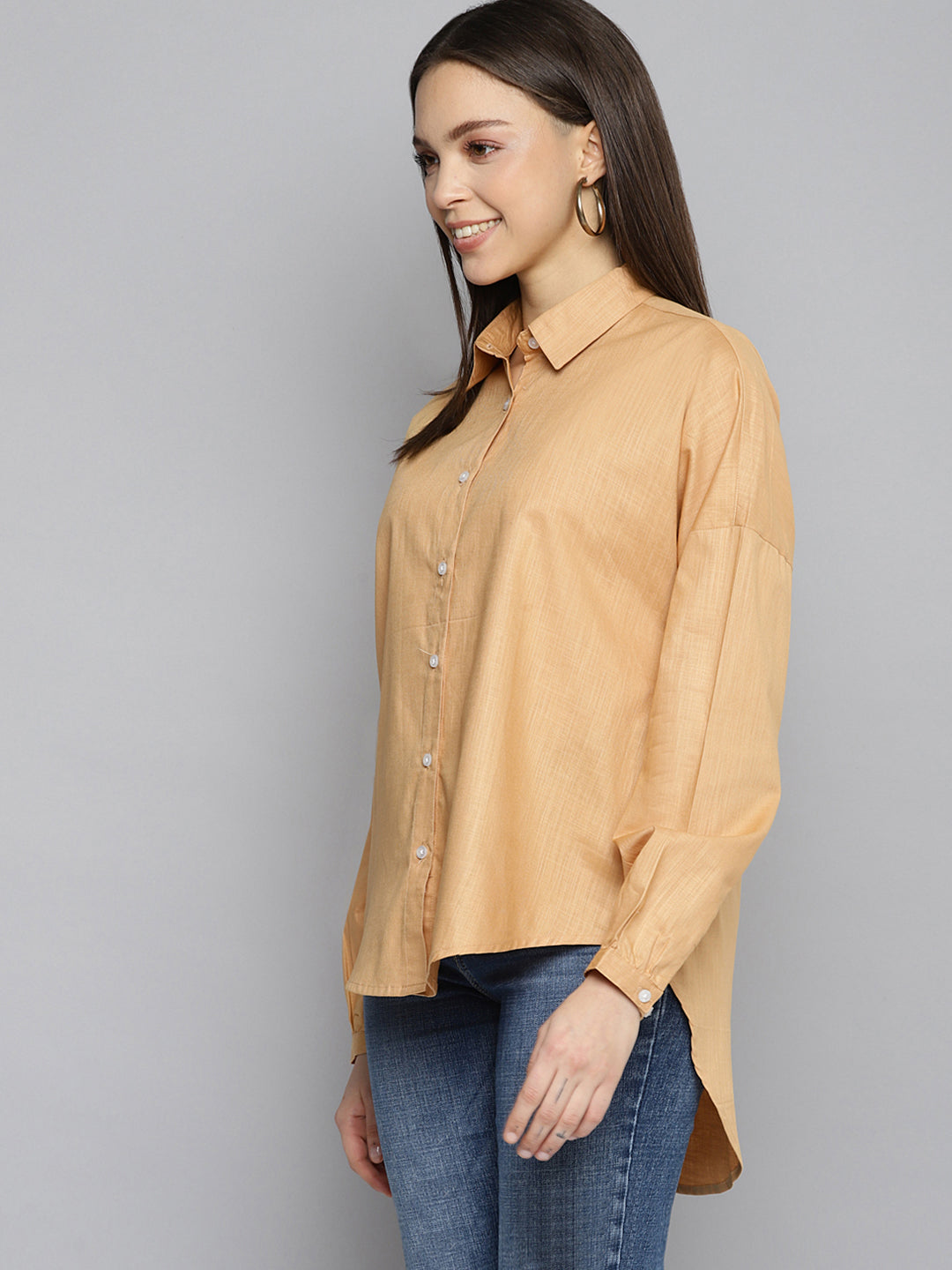 DENNISON Women Beige Oversized Puff Sleeves Casual Shirt