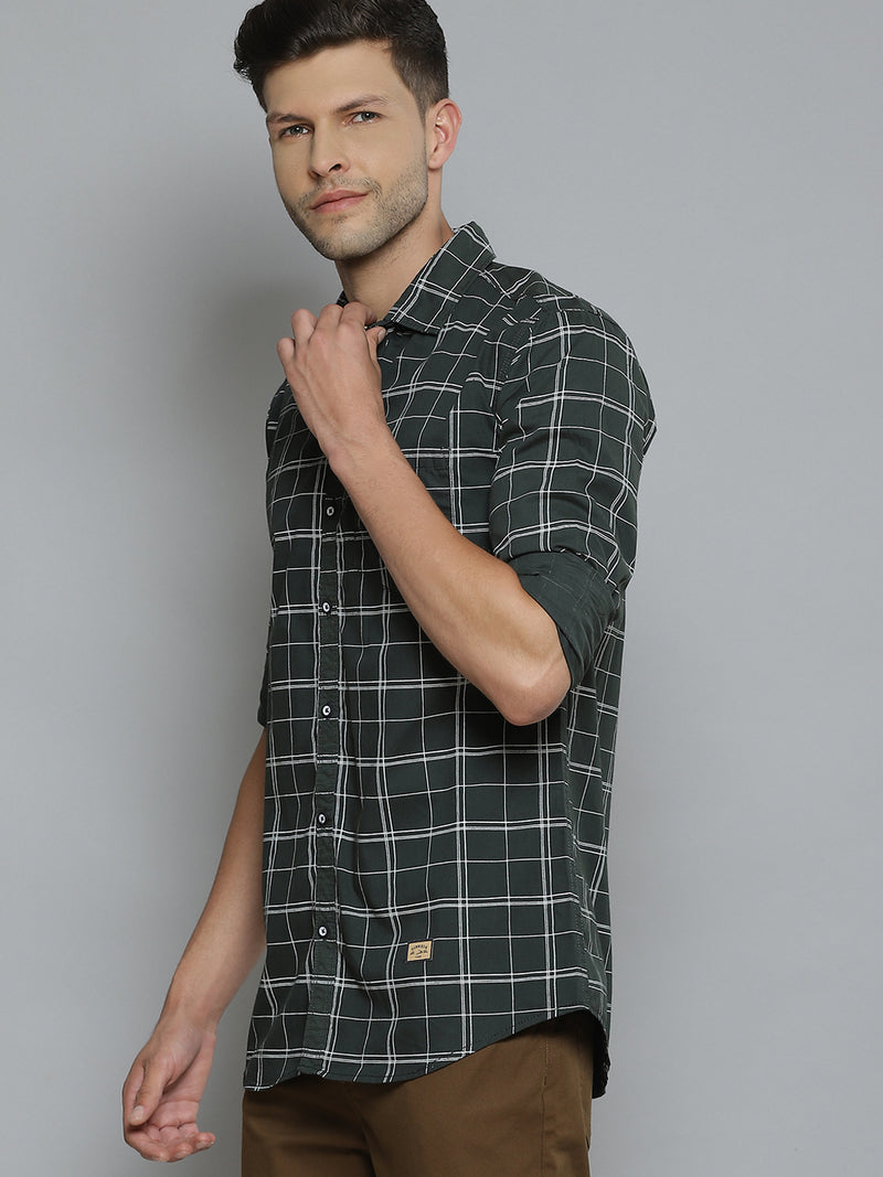 Men Green  White Checked Smart Slim Fit Opaque Casual Shirt