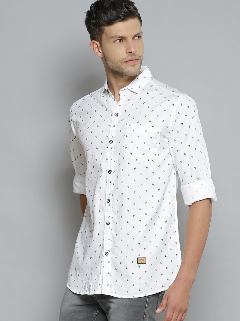 Men White  Navy Blue Printed Smart Slim Fit Opaque Cotton Casual Shirt