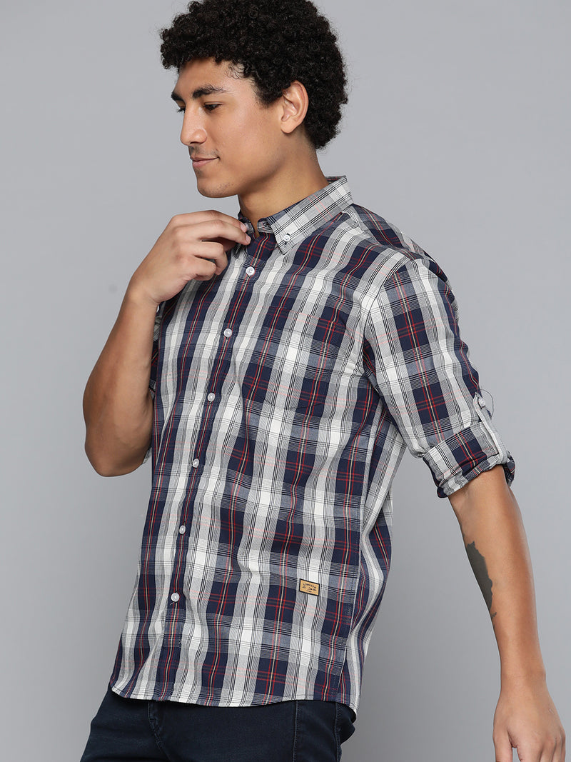 DENNISON Men Navy Blue Regular Fit Checked Casual Shirt