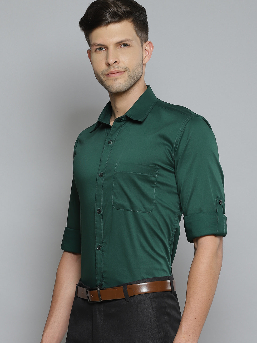 Men Green Smart Slim Fit Stretchable Lycra Formal Shirt