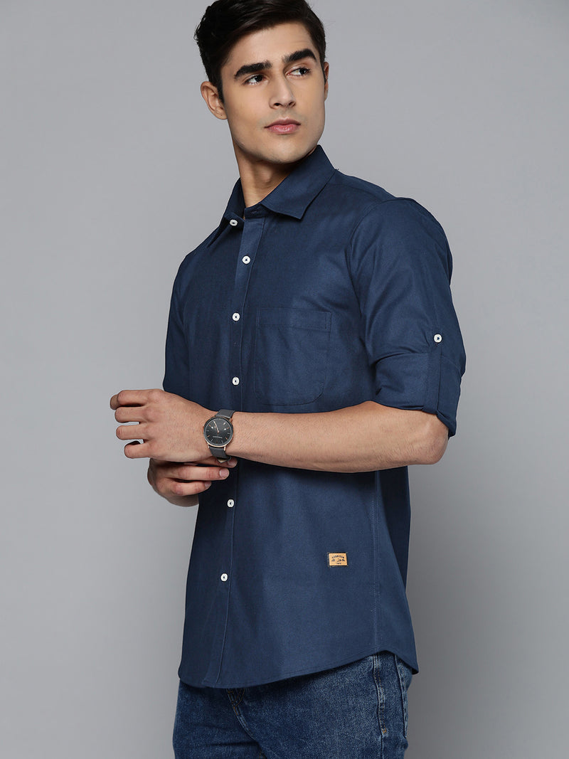 DENNISON Men Navy Blue Solid Pure Cotton Smart Slim Fit Casual Shirt