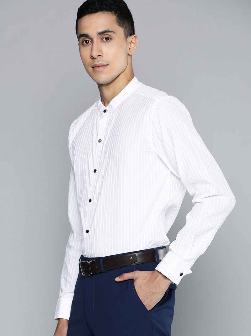 Men White Smart Slim Fit Opaque Striped Cotton Formal Shirt