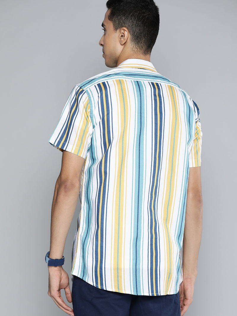 Men Blue  Yellow Smart Multi Striped Casual Shirt