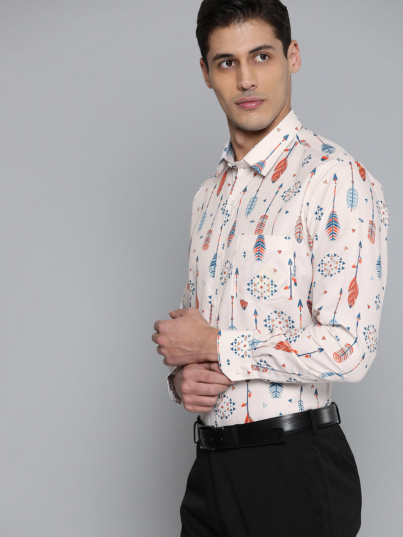 Men Beige Smart Slim Fit Printed Formal Shirt