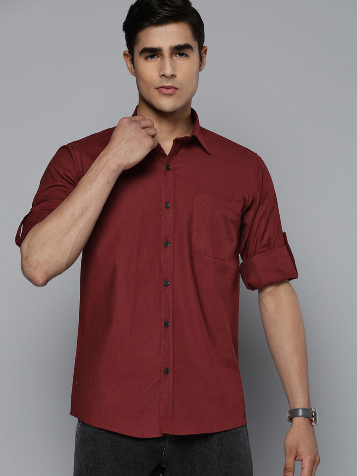DENNISON Men Maroon Solid Pure Cotton Smart Slim Fit Casual Shirt