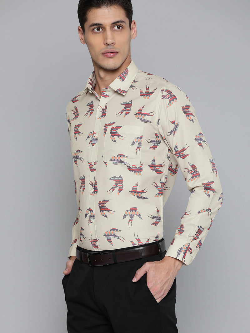 Men Beige Smart Slim Fit Printed Formal Shirt