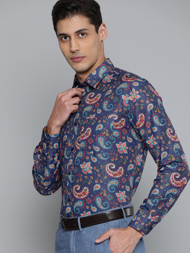 Men Navy Blue Smart Slim Fit Paisley Printed Formal Shirt