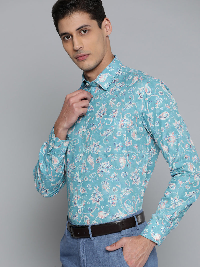 Men Turquoise Blue Smart Slim Fit Floral Printed Formal Shirt
