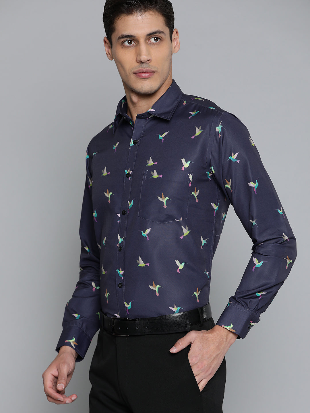 Men Navy Blue Smart Slim Fit Conversational Printed Formal Shirt