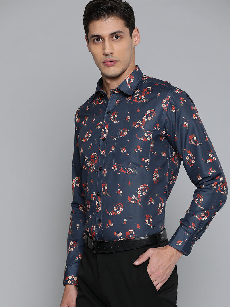Men Charcoal Grey Smart Slim Fit Floral Printed Formal Shirt