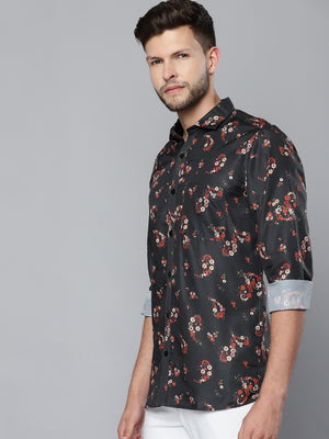 Men Charcoal Grey Smart Slim Fit Floral Printed Formal Shirt