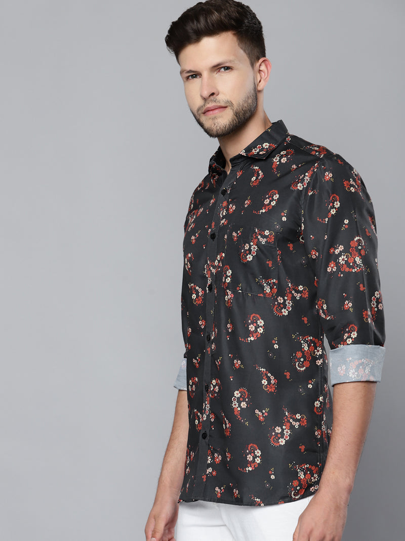 Men Charcoal Grey Smart Slim Fit Floral Printed Formal Shirt