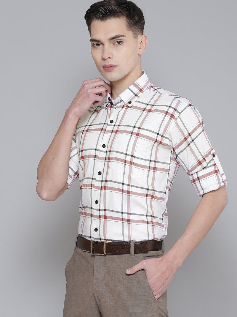 Men White  Red Smart Slim Fit Checked Formal Shirt