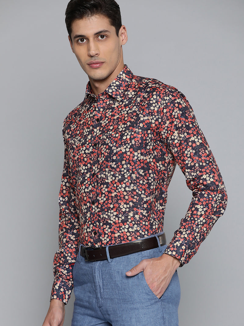 Men Navy Blue  Red Smart Slim Fit Floral Printed Formal Shirt