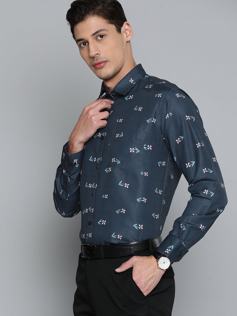 Men Navy Blue Smart Slim Fit Floral Printed Formal Shirt