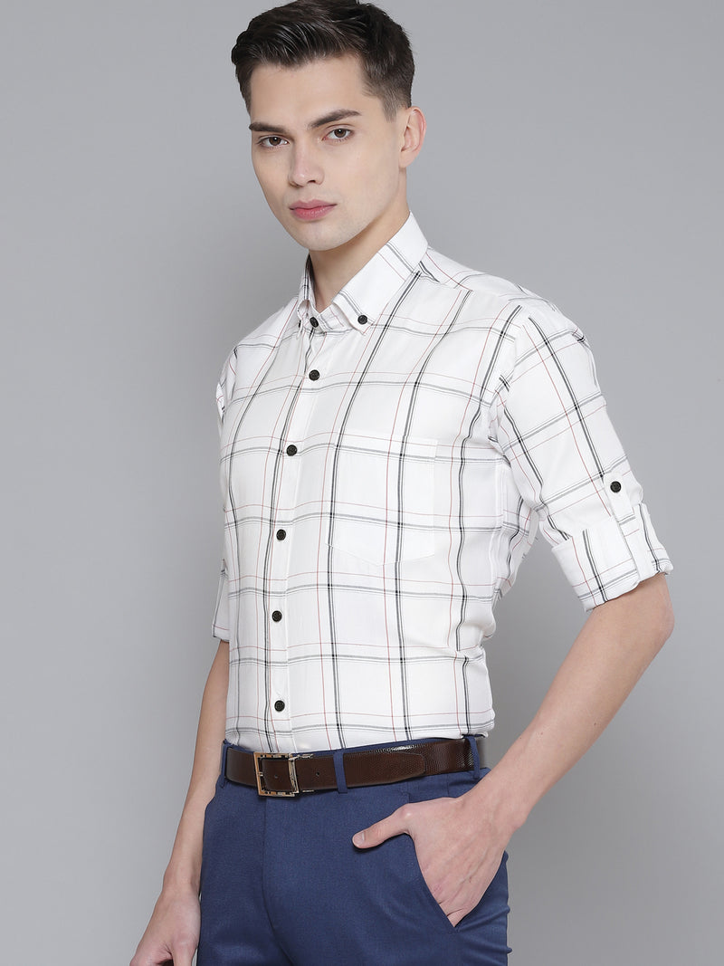 Men White Smart Slim Fit Checked Formal Shirt
